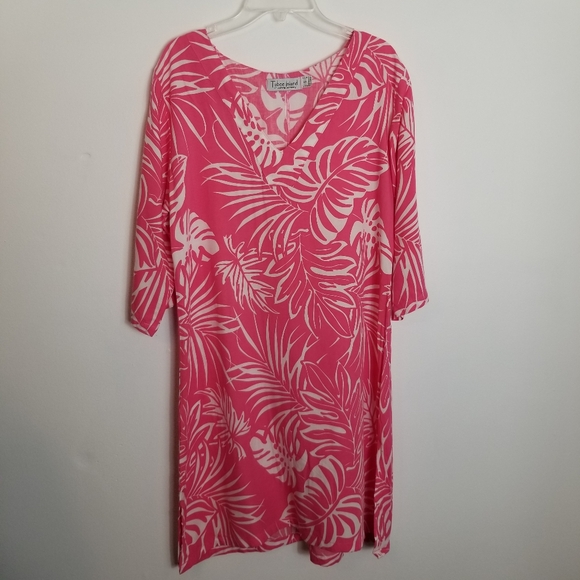 Tybee Island Clothing Pink White Tropical Print 3/4 Length Sleeve Shift Dress - Picture 1 of 6